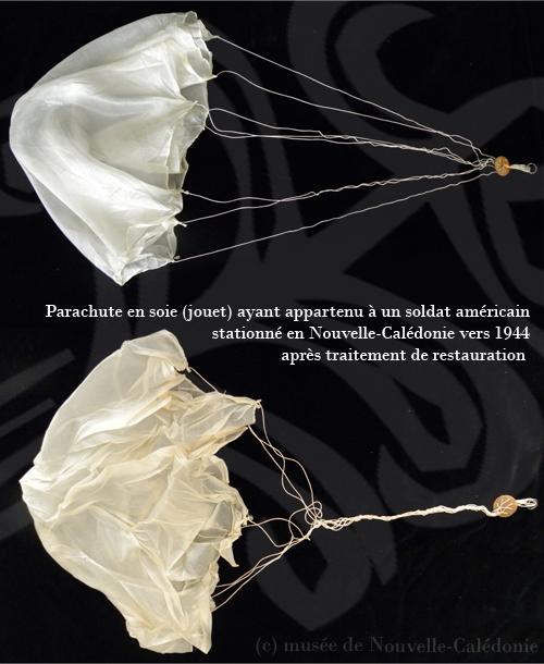 Traitement d'un mini parachute en soie des années 1940