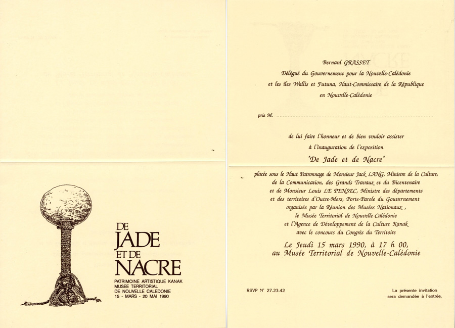 Invitation à l'exposition "de Jade et de Nacre" au musée de NC 1990